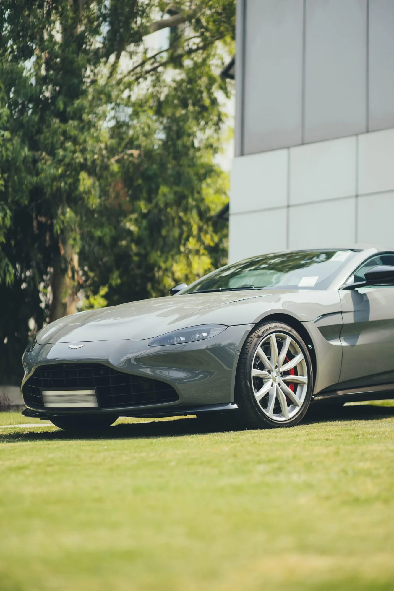 Grey grand tourer parked beside trees