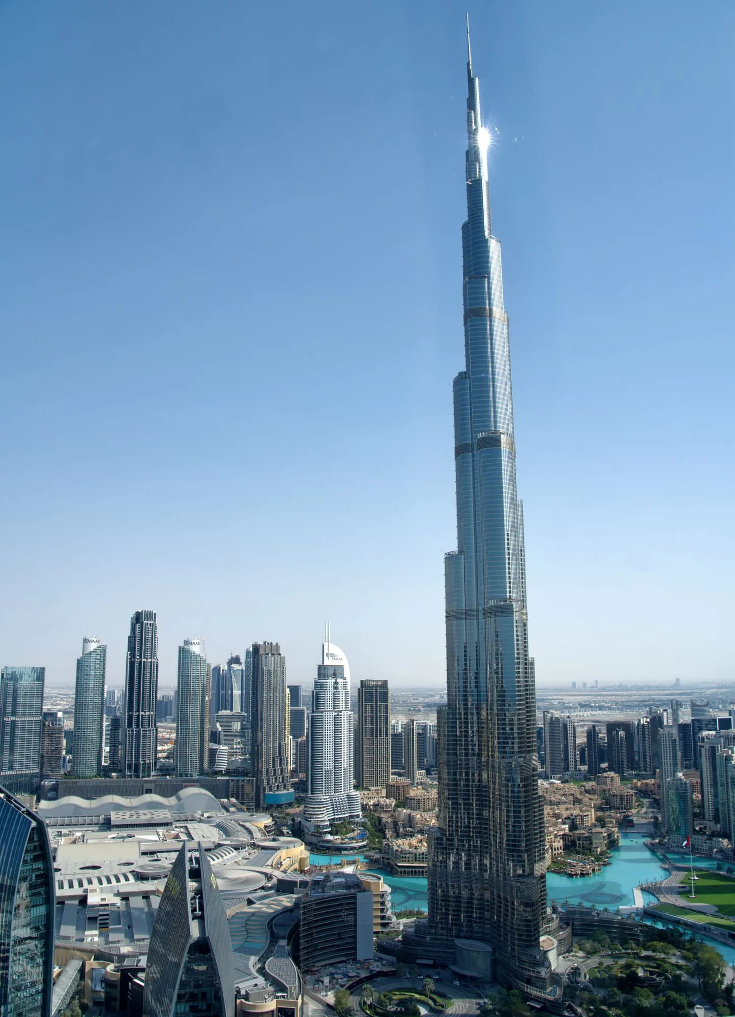 Burj Khalifa above Downtown Dubai on a clear day