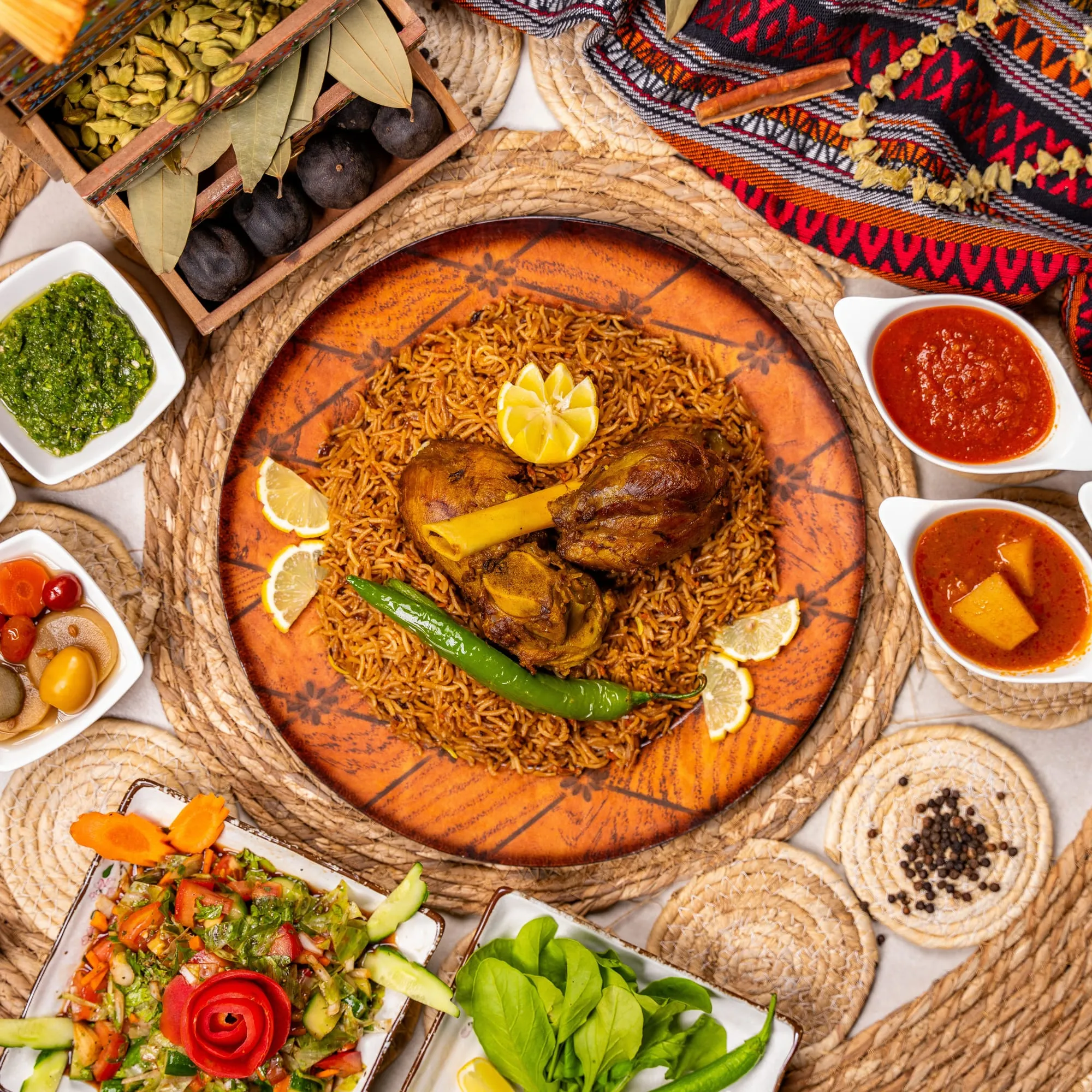 Kabsa platter with spiced rice and lamb, seen from above