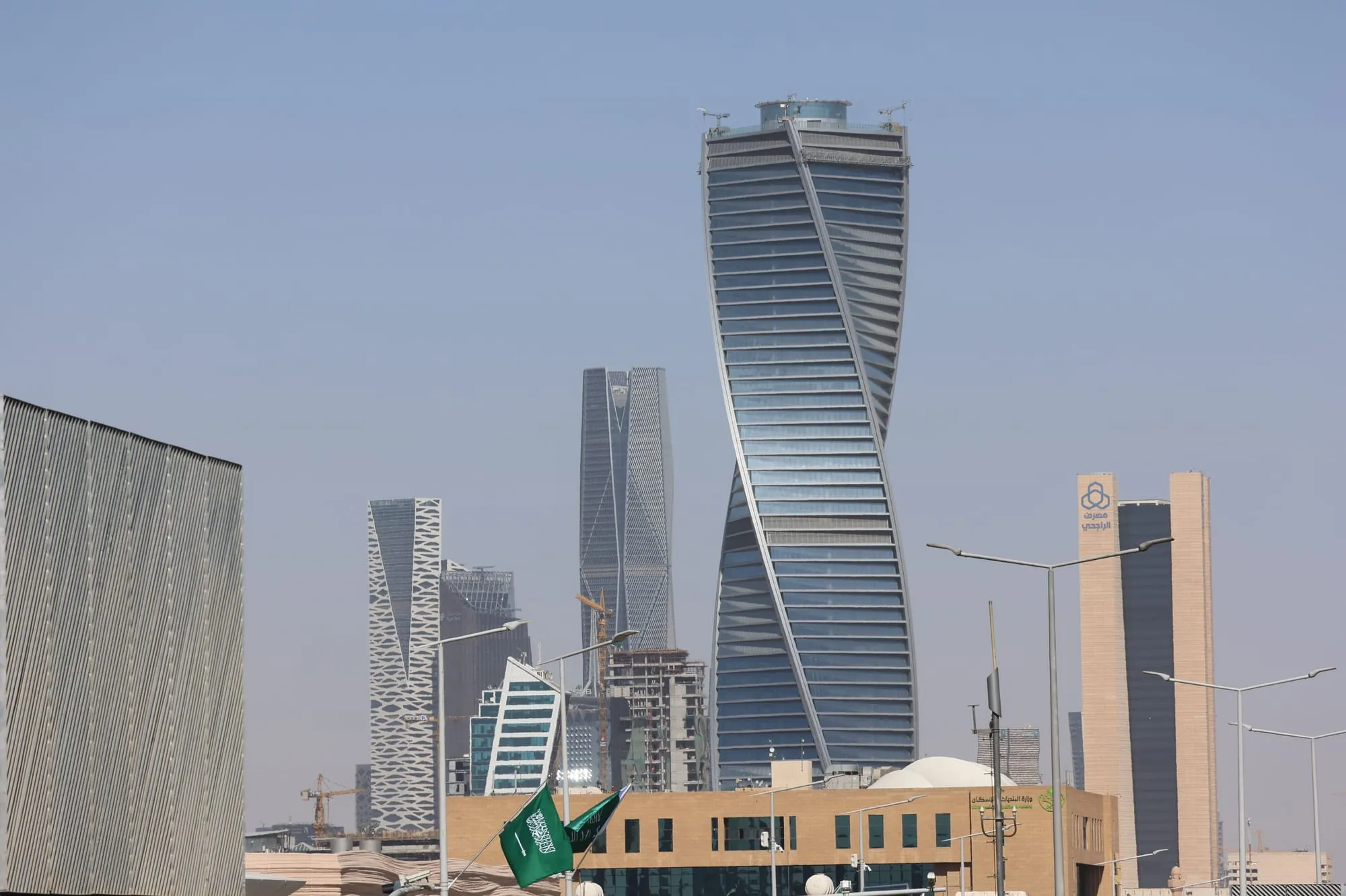 Twisting glass towers in a financial district