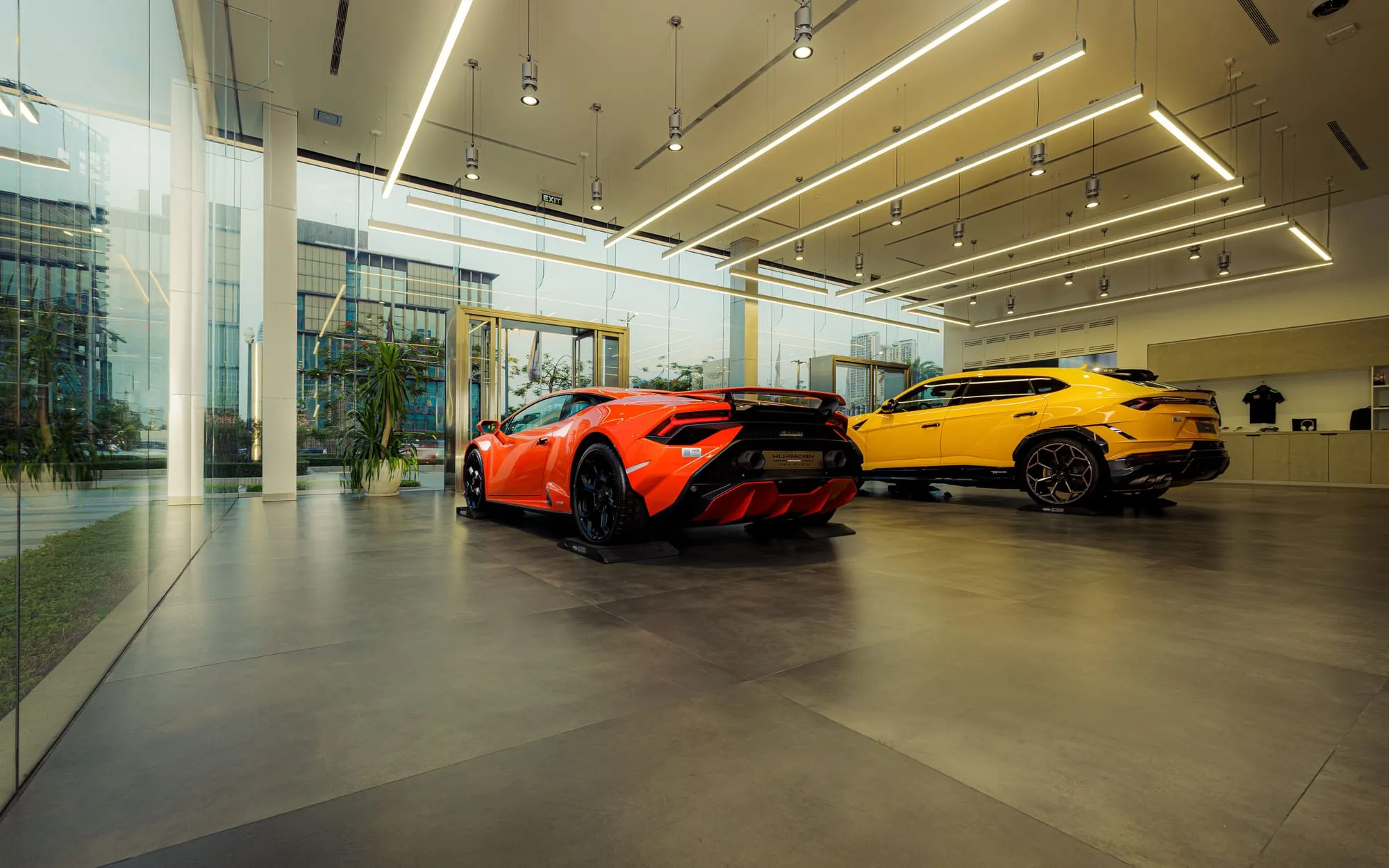 Supercars displayed in a bright glass showroom