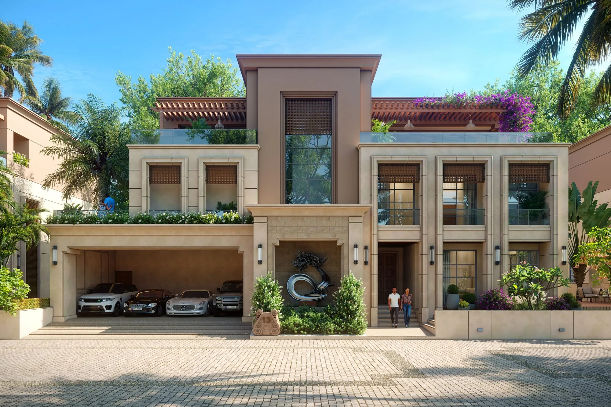 Mediterranean-style villa with palm trees